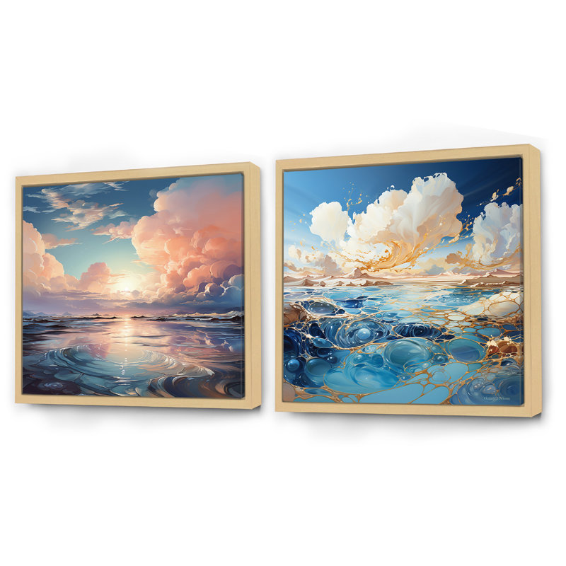 «Clouds Charm», ensemble de 2 collages carrés, Cadre flottant brun, H 16 po x l 33 po