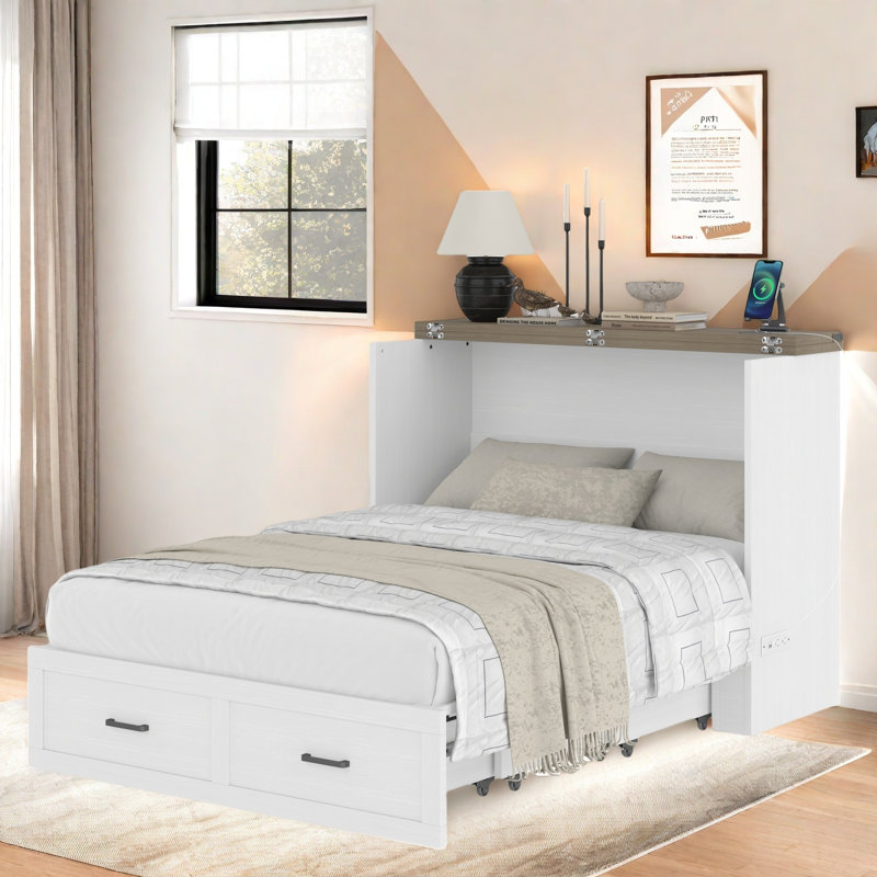 Multi-functional Foldable Murphy Bed  With Charging Station And 1 Large Storage Drawer, White, Full