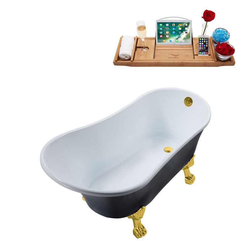 55" Streamline Clawfoot Soaking Acrylic Bathtub With Drain, Clawfeet, and Bamboo Tray, Polished Gold, Polished Gold
