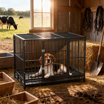 1x Grey Dog Kennel | For Medium/large Dogs Up To 88 Lbs , Welded Steel Bars (security), 2 Doors | 43"l X28.25"w X34.75"h, 4 Locking Casters, Outdoor Use