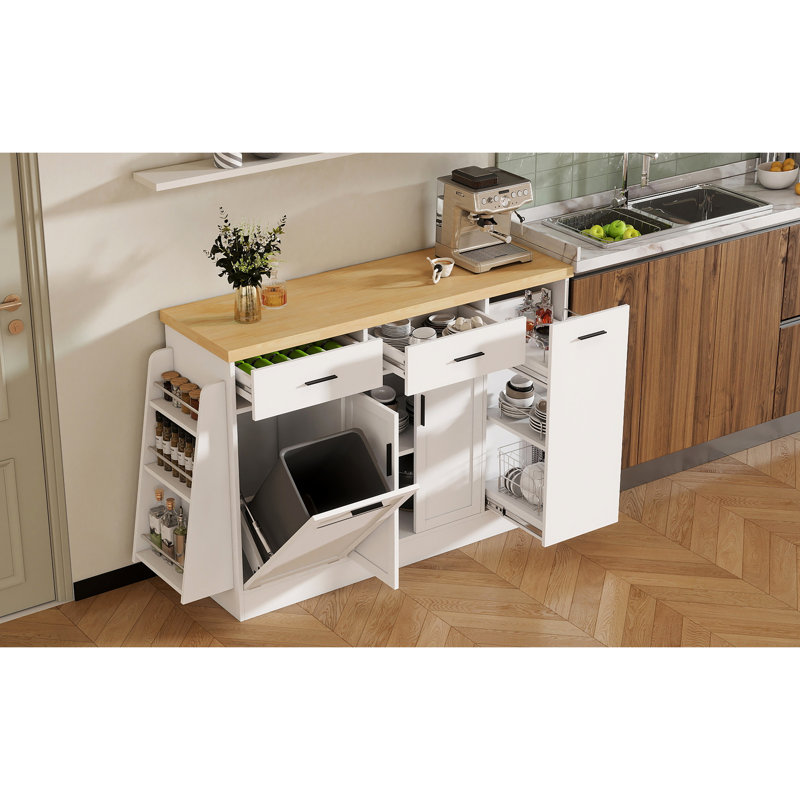 Îlot de cuisine bicolore élégant avec poubelle escamotable dissimulée, étagère à épices à 3 niveaux et placard à portes coulissantes. Garde-robe double à tiroirs pour le rangement. Buffet blanc multifonctionnel.