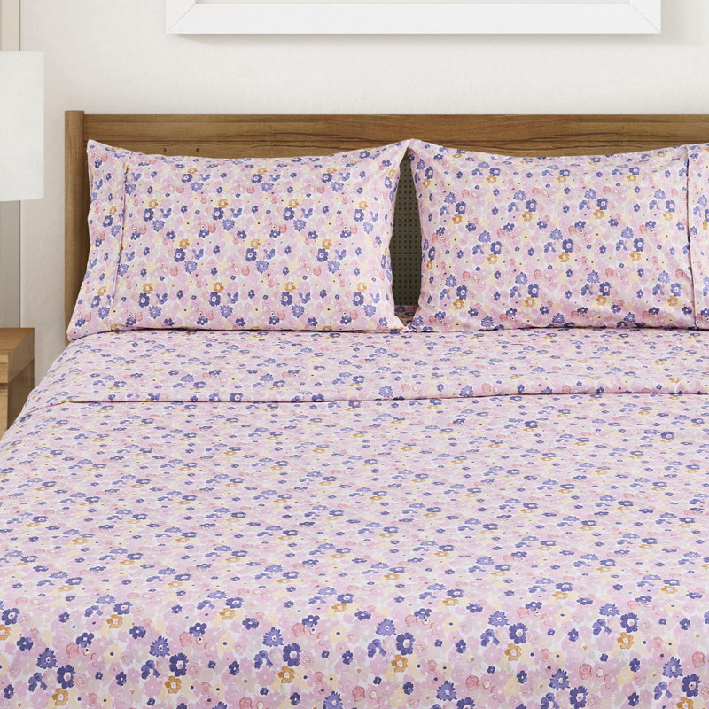 Ensemble de draps en microfibre à imprimé floral, Ensemble de draps pour lit double avec deux taies, Floral coloré - lavande