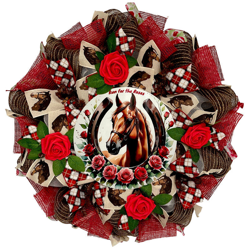 Horse Racing Wreath With Roses Handmade Deco Mesh