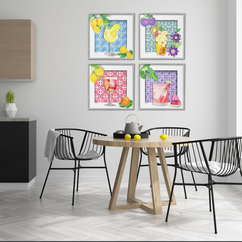Bright Patterned Fruit Cocktails 4pc Framed Giclee Set, design by Hillary Holt, Farmhouse Grey Framed Giclee, 17" H x 17" W
