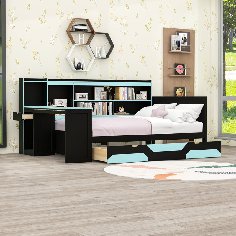 Wood Daybed with Desk and Drawers,Shelves, Full, Black/Blue