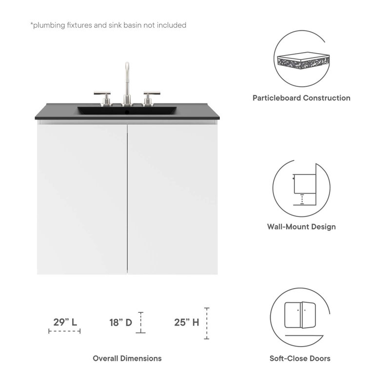Base de meuble-lavabo simple 29,5 po mural seulement, Blanc