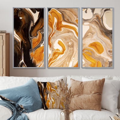 Brun, orange, blanc, marbre gris et art moderne sur toile encadrée, ensemble de 3