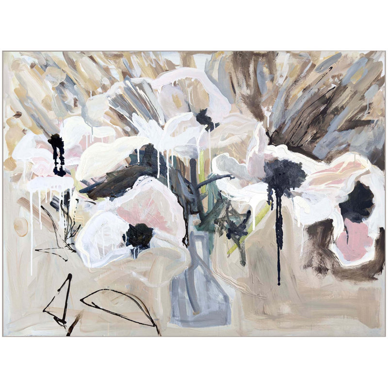 "Anémones roses dans un vase", Cadre flottant blanc, H 39,25 po x l 49,25 po