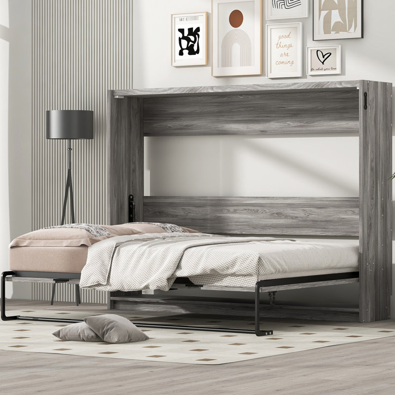 Lit double gris qui se replie dans l'armoire, conception peu encombrante, lattes de pin, structure en métal, aucune boîte à ressorts requise, longue durée et structure stable qui se transforme en solution économique