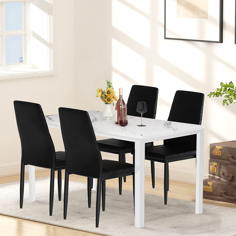 4 - Person Faux Marble Top Four Leg Dining Set, Black, White