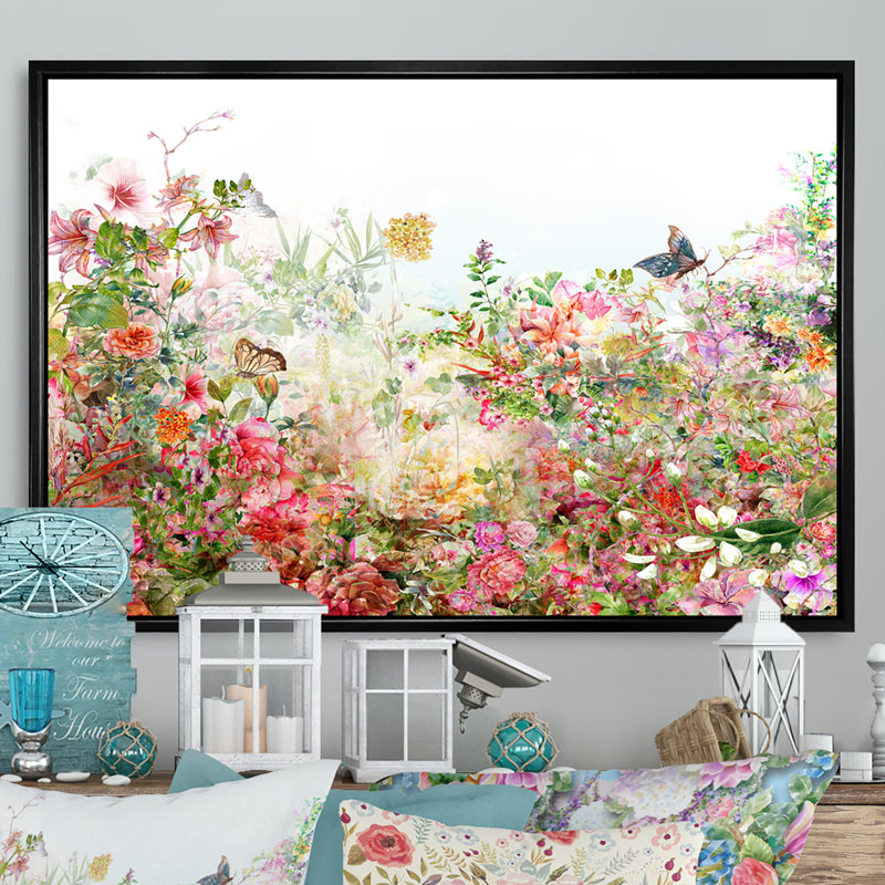 Rétro fleurs multicolores printanières VI - reproduction encadrée sur toile, H 24 po x l 36 po x P 1 po, Cadre flottant noir