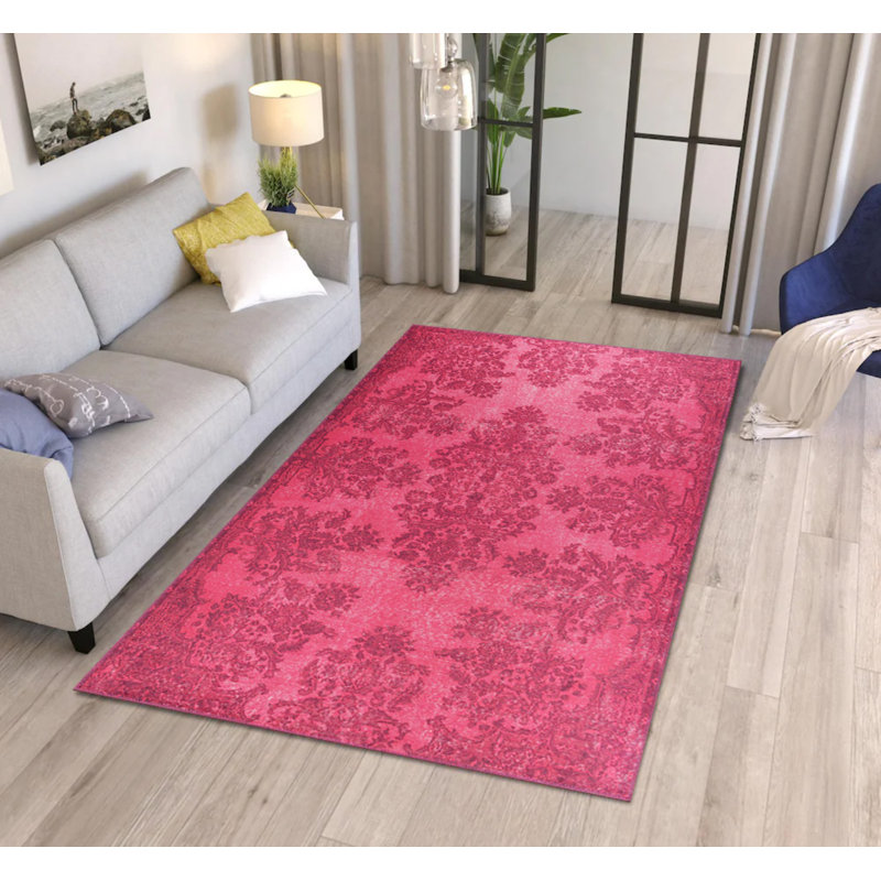 Fuschia Pink Vintage Look Woven Base Decorative Carpet, Round 5'
