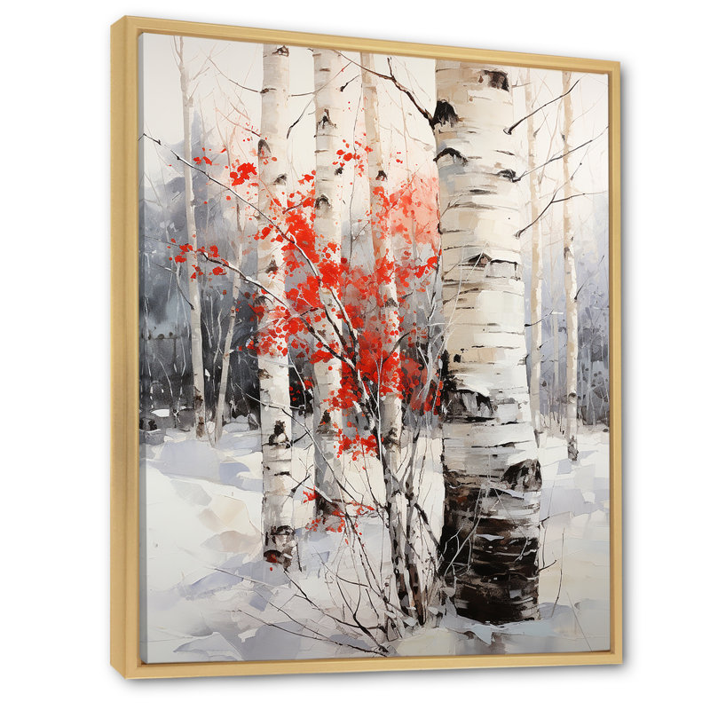 Bois de bouleau blanc et rouge en hiver sur toile, Cadre flottant naturel, H 32 po x l 16 po x P 1 po