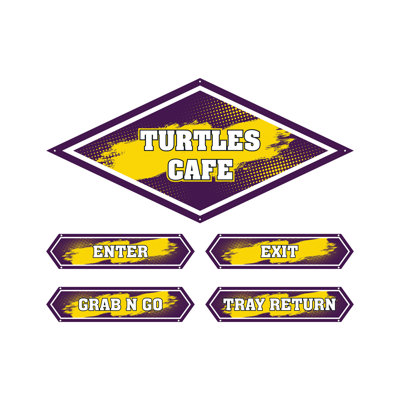 AmTab - Serving-Décor-S02-S-EC - Serving Area Signage (5 pieces) - Style 2 - Turtles
Café Sign: 24"W x 72"L
Enter Sign:  8.5"W x 36"L
Exit Sign:  8.5"W x 36"L
Grab N Go Sign:  8.5"W x 36"L
Tray Return Sign:  8.5"W x 36"L