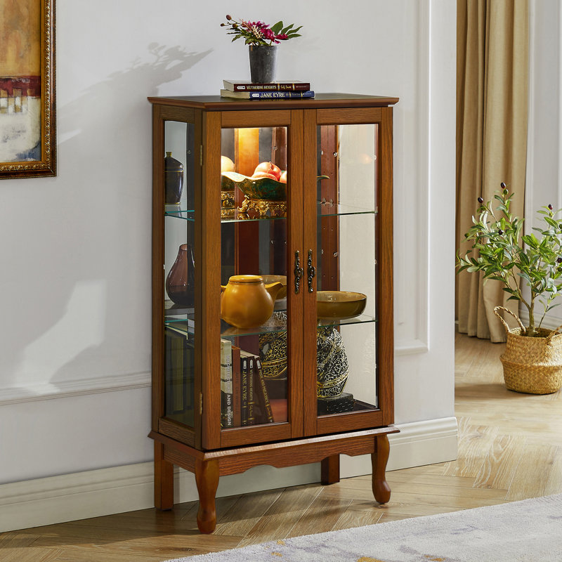 Cabinet Curio avec tablettes réglables et panneau arrière en miroir, Chêne