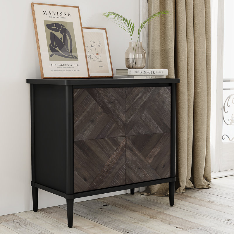 Armoire d'appoint Mid-Century avec portes à chevrons 31,5 po Cartlin - Acacia massif, noir mystique, Moka
