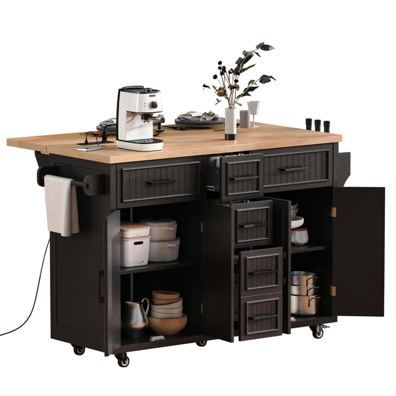 K&K 56.5'' Kitchen Island With Drop Leaf, Power Outlet, Embossed Vertical Stripe Rolling Kitchen Cart On Wheels With 4 Doors , 5 Deep Drawers And Adjustable Shelves, For Kitchen, Dining Room, Black