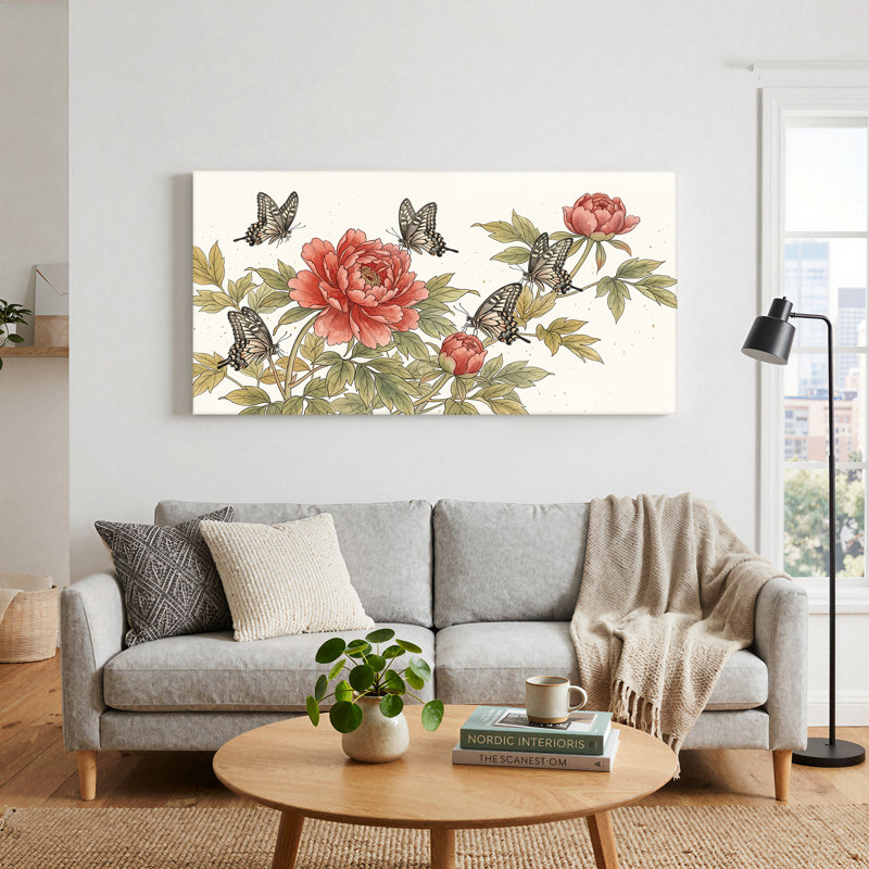 Art mural sur toile rose avec pivoines roses et papillons, 32“W x 16”H