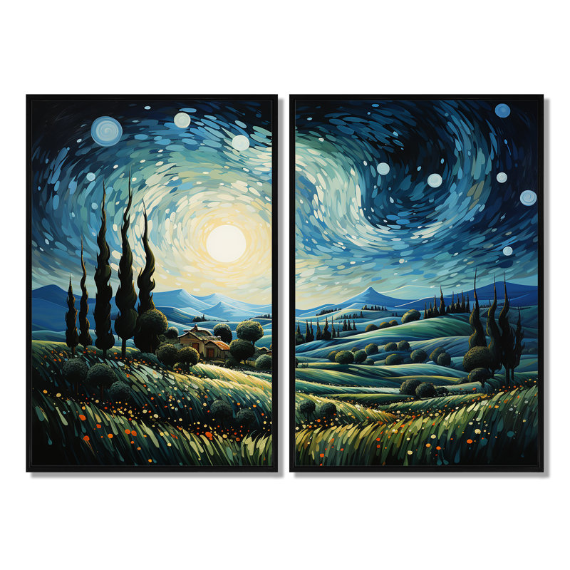 Vangogh, le cyprès se balançant I - art mural bleu sarcelle, H 36 po x l 48 po, Impression encadrée flottante, Noir