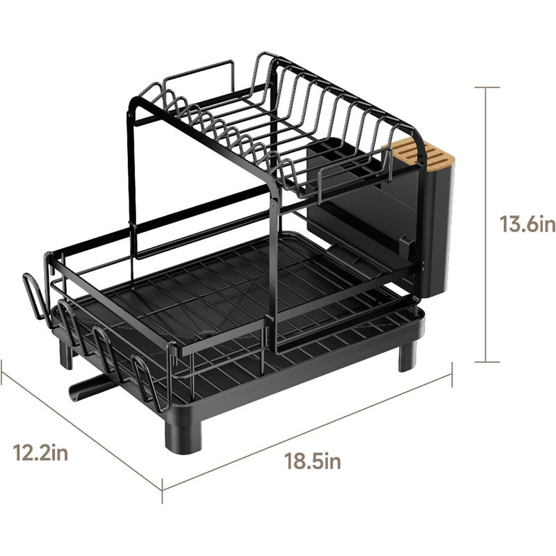 Égouttoir à vaisselle de comptoir à 2 niveaux, grand modèle, noir, antirouille, avec plateau d'égouttage, porte-ustensiles et porte-tasses pour le rangement de la cuisine