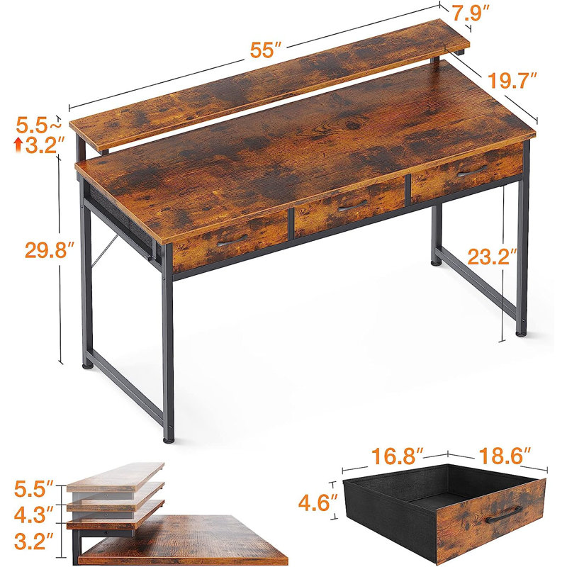 Bureau d'ordinateur rectangulaire, H 33 po x l 55 po x P 19,70 po