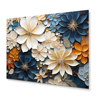 «White Blue Petal Mosaics - Abstract Botanicals», impressions sur métal