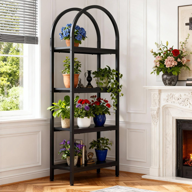 70" Modern Farmhouse Bookcase with Metal Frame, Black