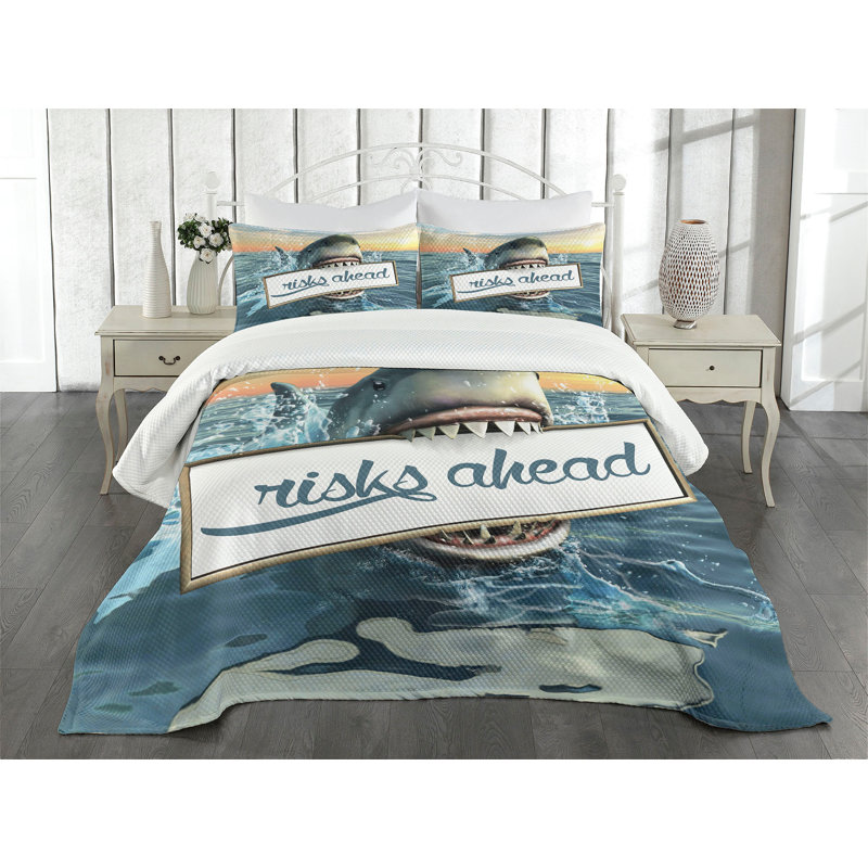 Ambesonne Shark Bedspread Set Dangerous Fish Holds Plaque Multicolor, Queen Coverlet / Bedspread + 2 Standard Shams