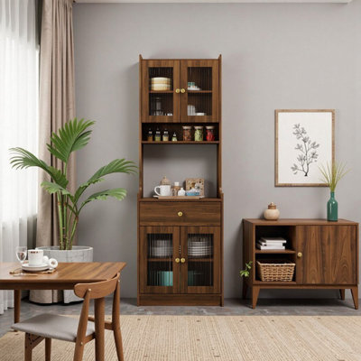 Farmhouse Hutch Buffet Cabinet with Microwave Stand - Walnut Kitchen Pantry Storage