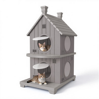 38.89"H Waterproof Resin Outdoor Indoor Cat House With Porch(Grey)