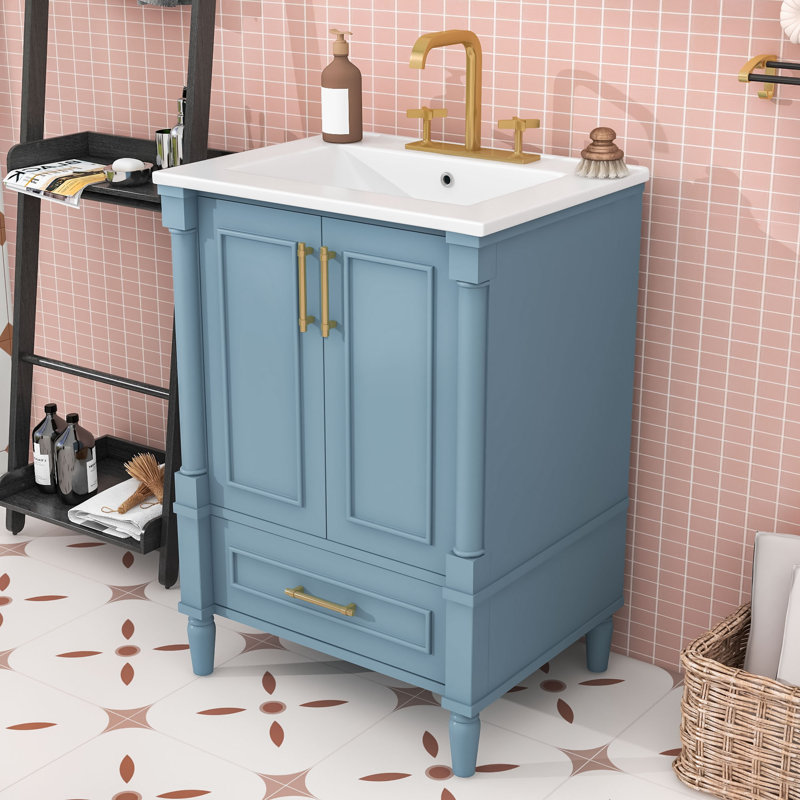 Meuble-lavabo avec pieds français sculptés, lavabo en céramique, tablette réglable et tiroir, Indigo Blue