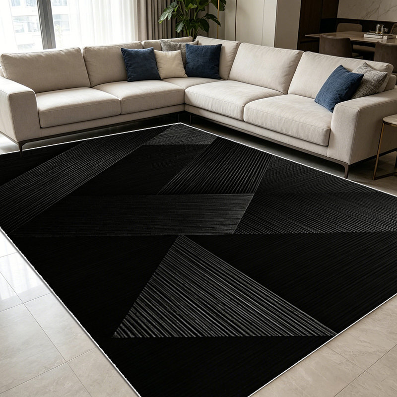 1PC Black Geometric Textured Modern Abstract area rugs for Living Room, Soft and Comfortable, Suitable for all seasons, easy-to-maintain, machine washable Indoor floor mat, Under Table Farmhouse suitable for dining room, bedroom, home office,