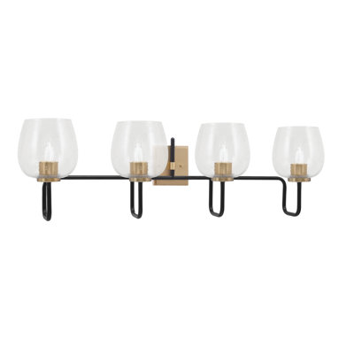 Barre d'éclairage de salle de bain 4 lumières Amarmula, noir mat et laiton vieilli, verre bullé transparent de 6 po