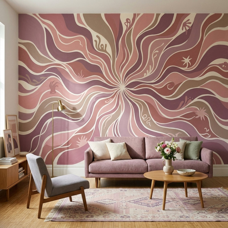 Papier peint moderne rétro Mid-Century, 140"x108", Peel and Stick