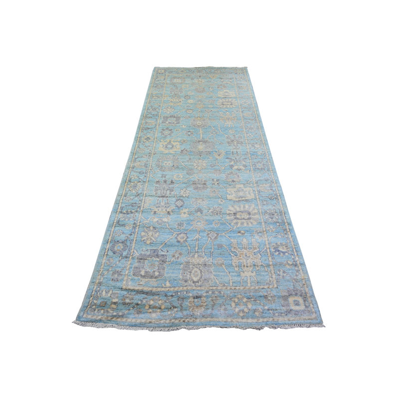 Tapis de couloir en laine noué à la main 4 pi x 10 pi 1 po Anguli Oushak bleu céruléen 224EF1BB49C7469E944A95C42C4461