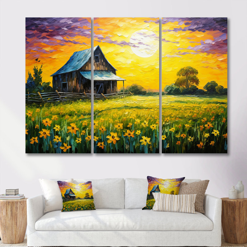 «Cottage in Yellow Flower Field Sunset» - ensemble d'art mural de ferme, Toile tendue, H 40 po x l 60 po x P 1 po
