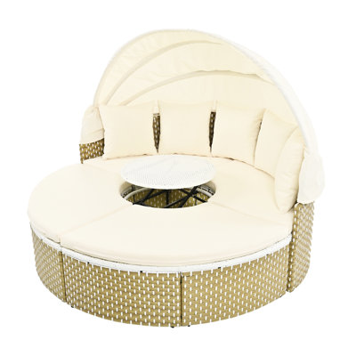 Outdoor Furniture : Daybed, , And Adjustable Table All-Weather Sectional With Retractable Canopy, Table, Beige Color For Luxury Patio