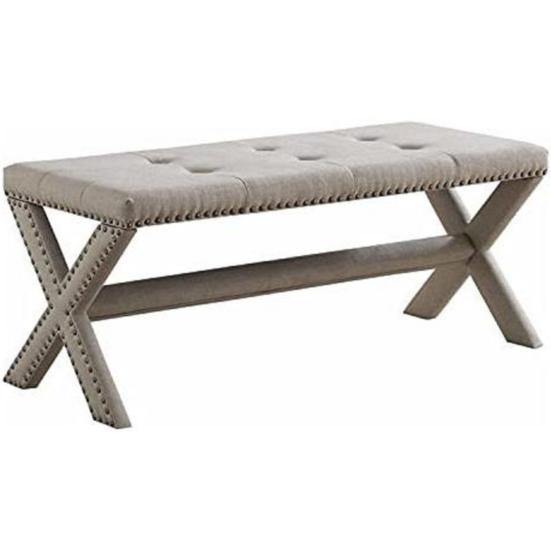 Glam Accent Bench With Nailhead Trim, Light Gray