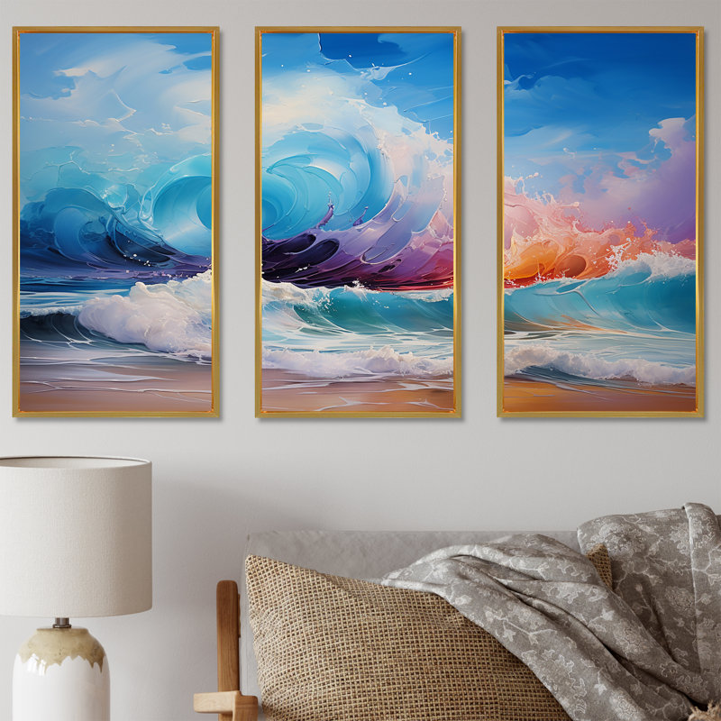 «Vibrant Beach Waves 4» - art mural vagues côtières, Cadre flottant doré, H 40 po x l 61 po x P 1 po