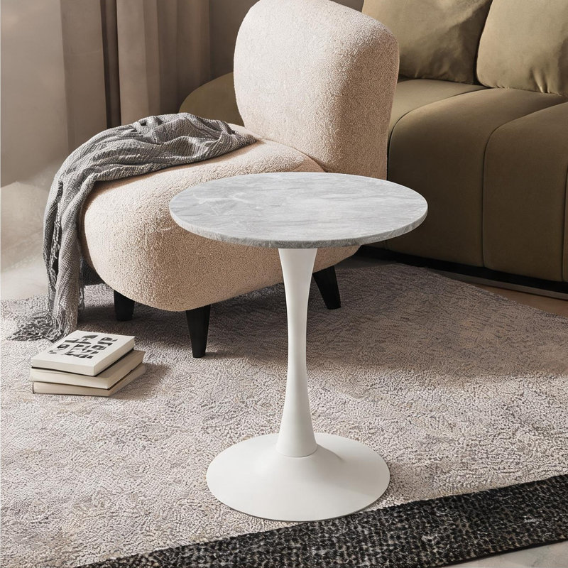 Table de salle à manger ronde à plateau en marbre gris ardoise et blanc de 27,6 pouces, base Mid-Century moderne, sièges 2-4