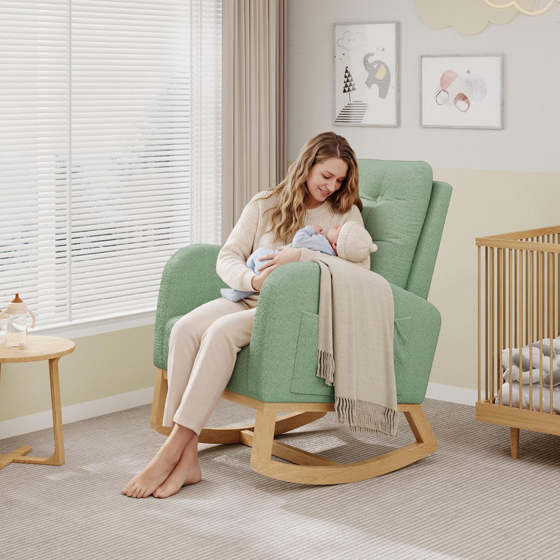 High-Back Nursery Rocking Chair with Stuffed Fleece Upholstery & Sturdy Wood Legs, Comfortable Glider for Living Room or Bedroom, Light Green (No Footrest)