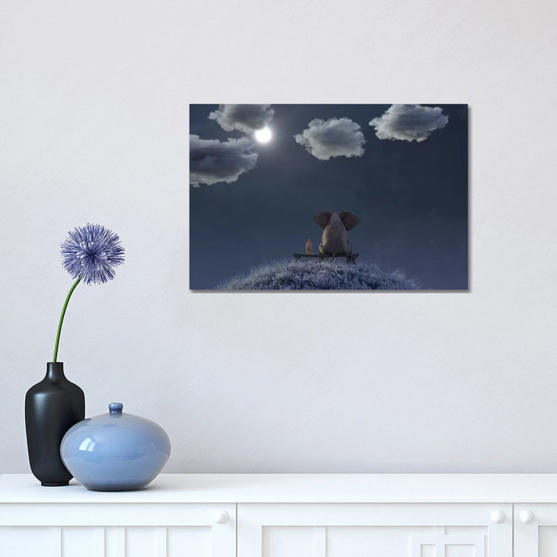 L’éléphant et le chien sont assis sur une prairie par une nuit de lune, H 12 po x l 18 po x P 1,5 po, Toile tendue