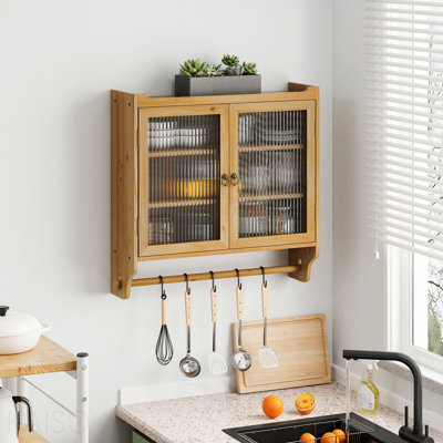 24.8''Glass Door Vintage Double Door Wall Cabinet With Three Tiers Of Storage With Towel Rack,For Bathroom, Kitchen,,Dining Room,Natural