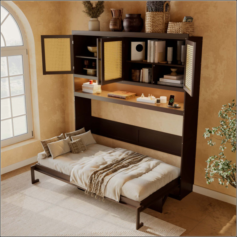 Murphy Bed With Top Cabinet,Space Saving Foldable Bed With Light & USB, Espresso