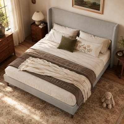 Peery King Size Chenille Upholstered Platform Bed with 12 Wood Slats and Solid Wood Legs