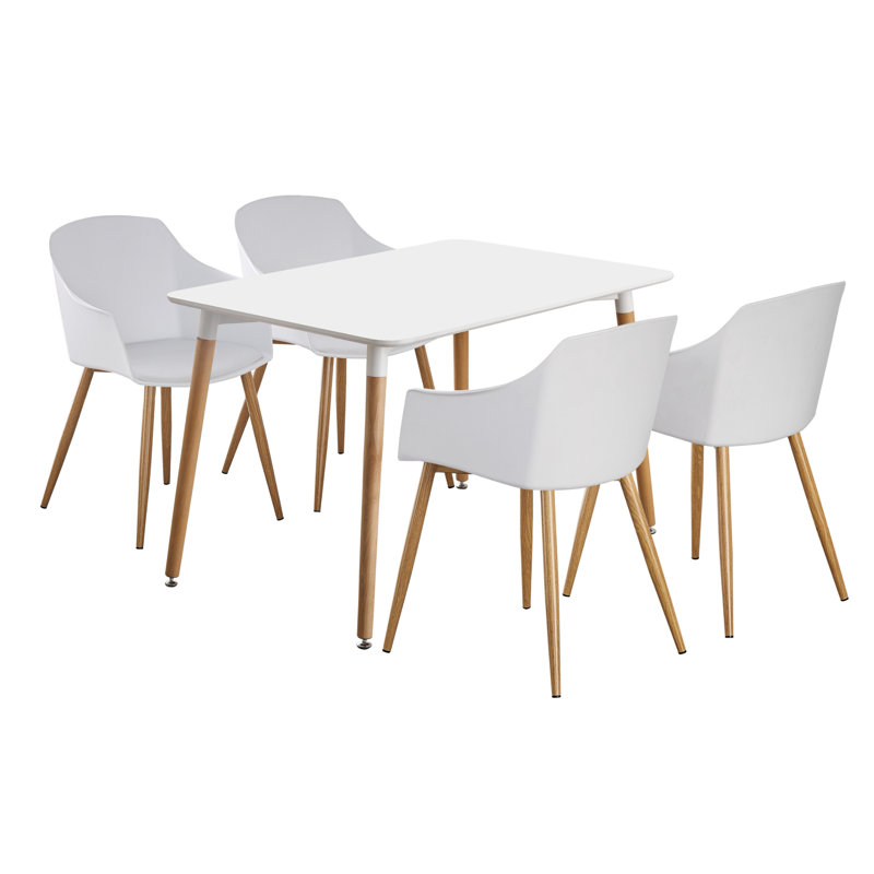 Topsham 4 Person Dining set - a Round Plastic Dining Table with Wooden Legs and a Set of 4 Faux Leather Cushion Padded Dining Chairs for Dining Room - Modern Dining Table Set