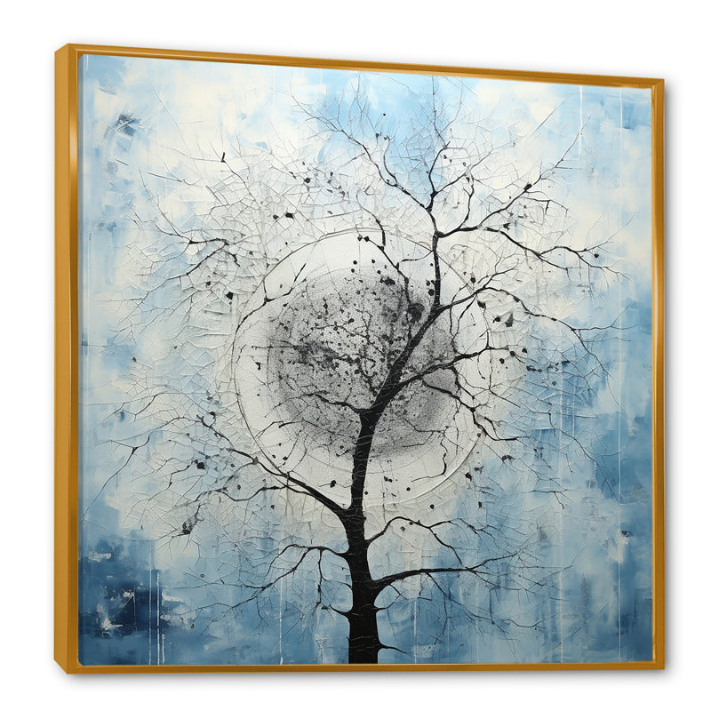 Minimalisme arbre bleu paysage IV sur toile, Cadre flottant doré, H 30 po x l 30 po x P 1 po