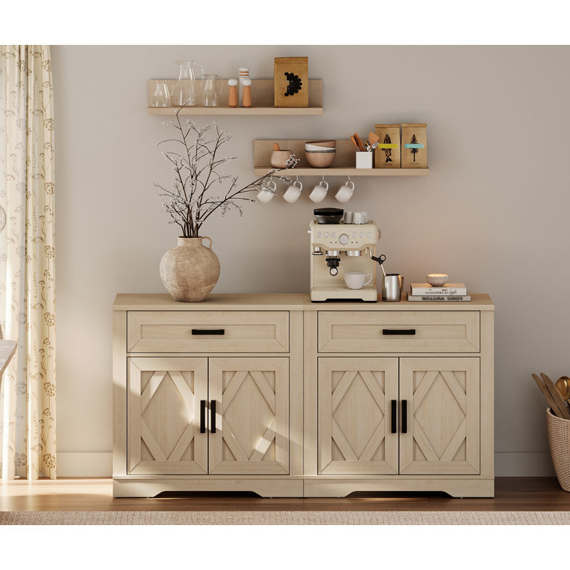 Laziza 63"W Large Modern Farmhouse Large Storage Sideboard Cabinet With Barn Doors & Drawers, Scratch-Resistant Tree Bark Finish