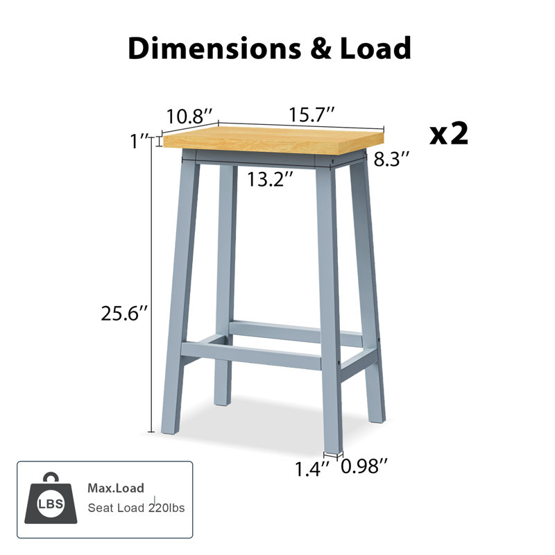 Tabouret de bar de cuisine, 65 cm de hauteur, en bois massif gris-bleu, avec repose-pieds et autres éléments de design.