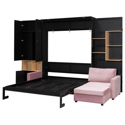 Grand lit intelligent avec tablettes intégrées, ouvertes et doubles lumières, noir et rose pour les bureaux à domicile, conception murale peu encombrante, grand